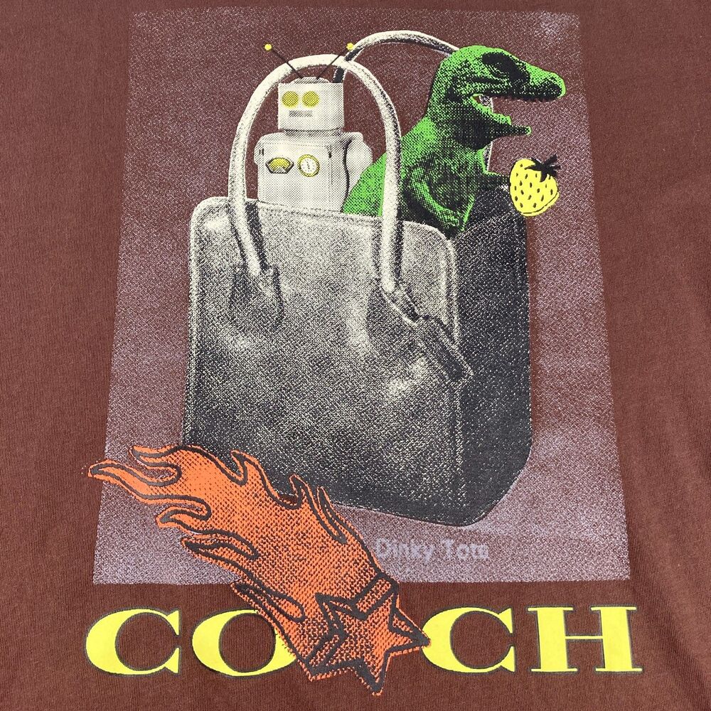 Coach CCA91 T Shirt Mens XXL Brown Rexy Dinosaur Collage Graphic Cotton Tee